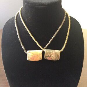 Rectangular Stone Pendant Beaded Necklaces Gold & Silver Tone Flat Metal Beads